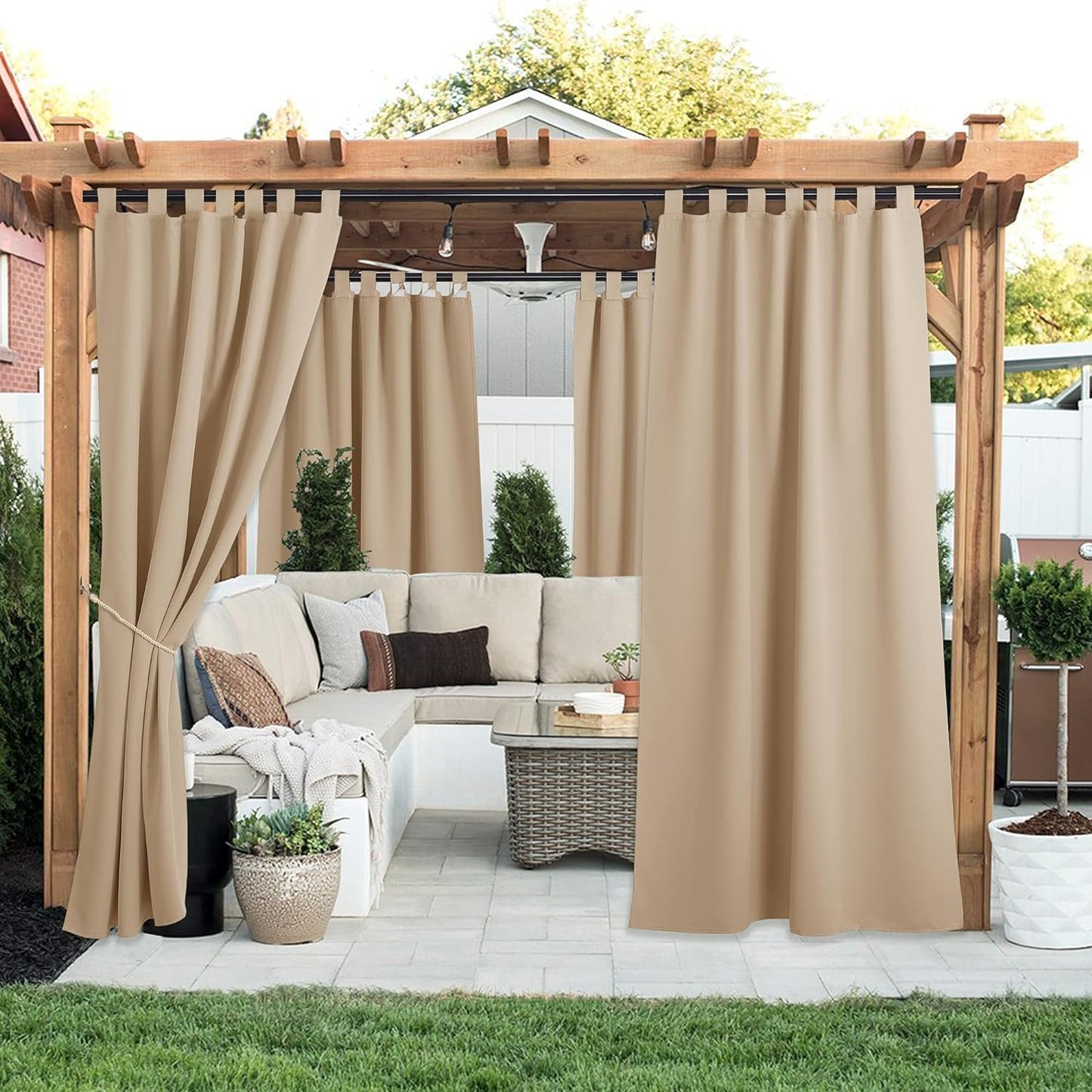 NICETOWN 2 Panels Outdoor Patio Curtainss Waterproof Room Darkening Drapes, Detachable Sticky Tab Top Thermal Insulated Privacy Outdoor Dividers for Porch/Doorway, Biscotti Beige, W52 X L84  NICETOWN   