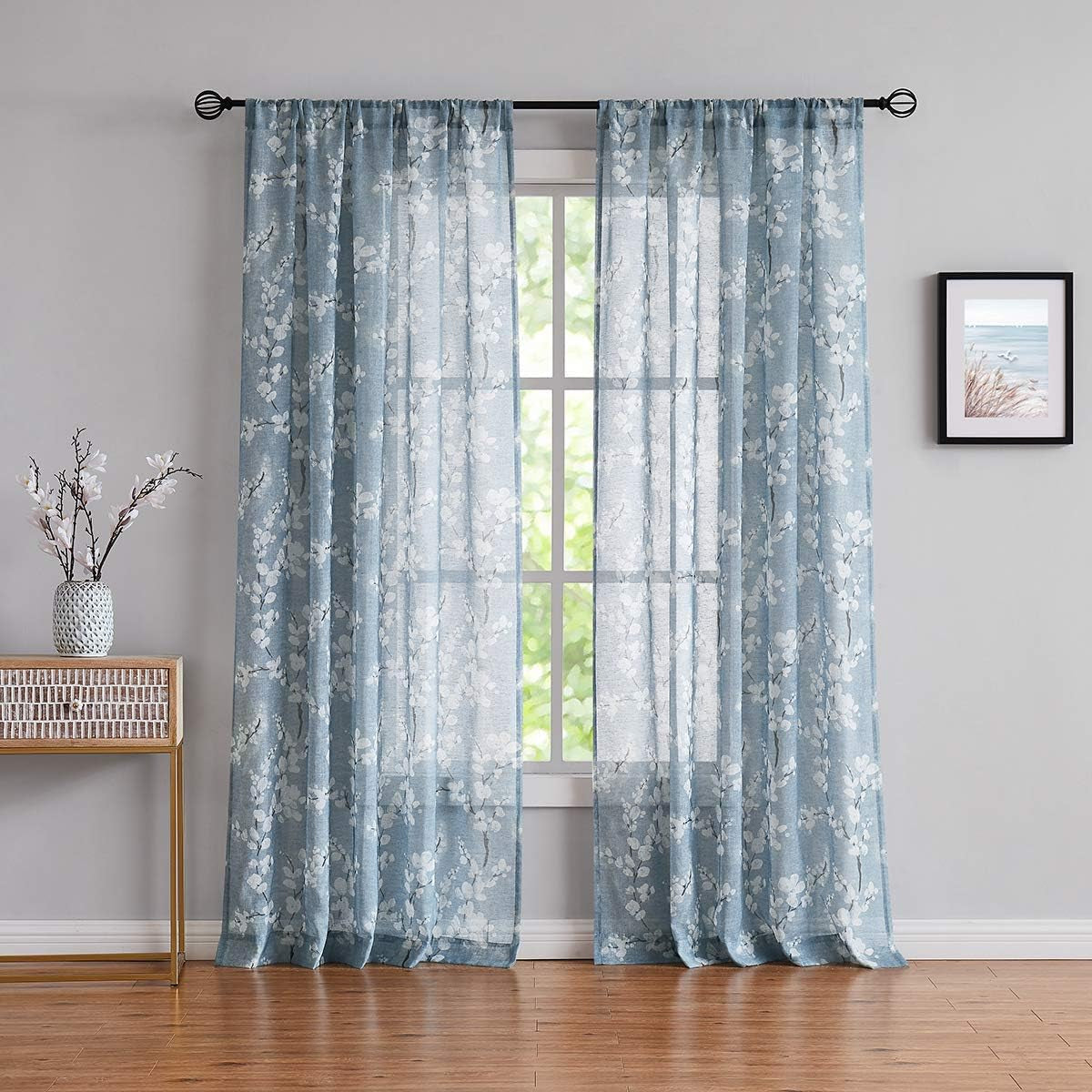 FMFUNCTEX Blue-White Sheer Curtains for Living-Room 84" Long Blossom Print on Flax Linen Blend Window Curtain Panels 2 Pack Rod Pocket, 50" W  Fmfunctex Blue 50"W X 96"L 2Pcs 