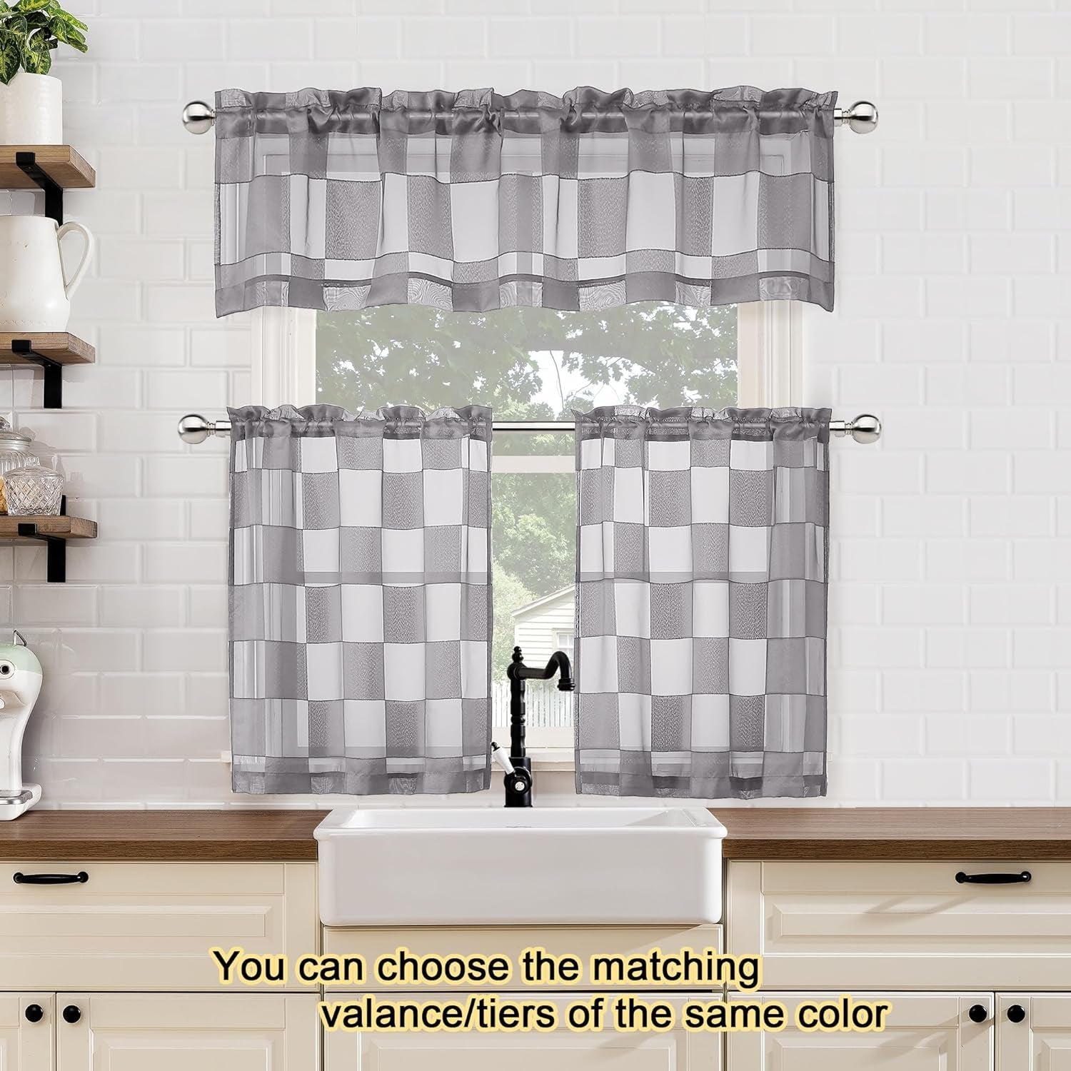 OVZME Barry Charcoal Grey Sheer Curtain Valance for Windows - Clip Checkered Textured Semi Sheer Valance for Basement Bathroom Kitchen, Dual Rod Pocket, 56Wx14L, 1 Panel