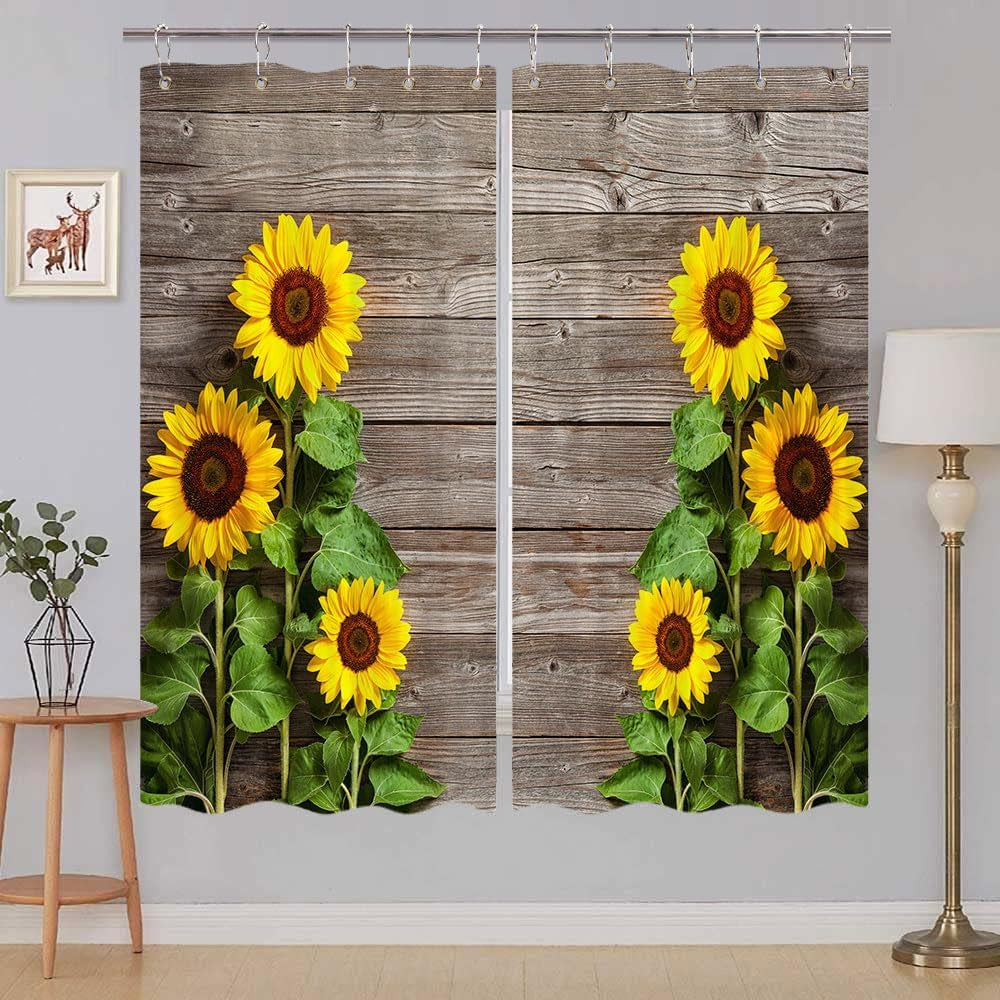 JAWO Sunflower Kitchen Curtains, Sunflower on Rustic Wooden Kitchen Window Curtains, Vinatge Country Wood Farmhouse Kitchen Curtains Panels, Kitchen Window Drapes Sets with Hooks, 55X39 Inch