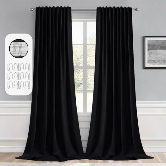 MIULEE 2 Panels Back Tab Blackout Curtains 96 Inch Long for Living Room Bedroom, Black Rod Pocket/Pinch Pleated Thermal Insulated Room Darkening Light Blocking Floor to Ceiling Curtains/Drapes  MIULEE Black W52" X L108" 