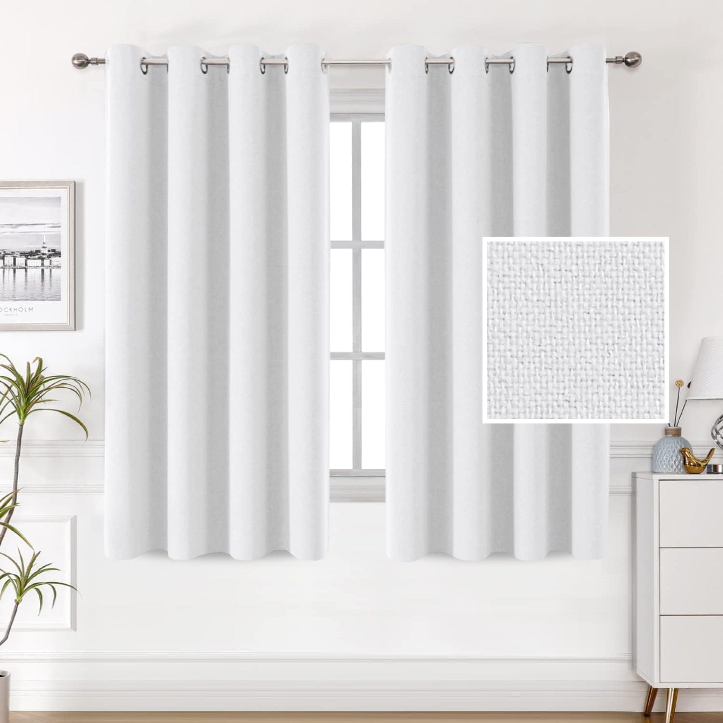 H.VERSAILTEX 100% Blackout Linen Look Curtains Thermal Insulated Curtains for Living Room Textured Burlap Drapes for Bedroom Grommet Linen Noise Blocking Curtains 42 X 84 Inch, 2 Panels - Sage  H.VERSAILTEX White 52"W X 54"L 