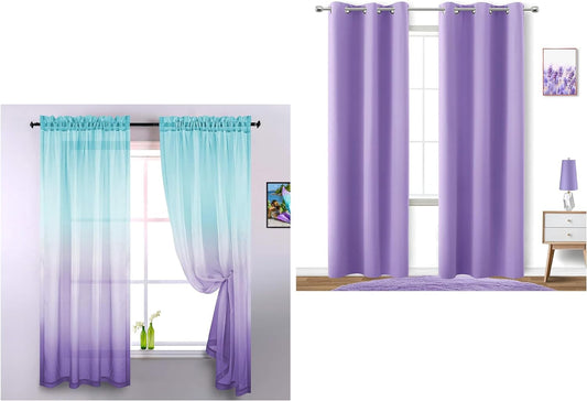 KOUFALL 84 Inch Light Blue Room Darkening Blackout Curtains and Green and Purple Ombre Sheer Curtains Bundle for Living Room Bedroom  KOUFALL   