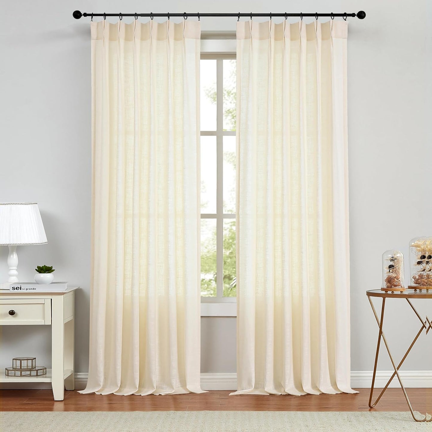 White Pinch Pleated Curtain Semi Sheer Curtain Panel Linen Cotton Blend Decorative Drape 84 Inches Long for Living Room Bedroom Farmhouse Rustic Window Treatment, White, 34"X84"X2  Central Park Ivory 34"X95"X2 