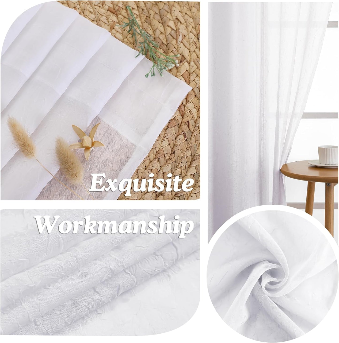 Chyhomenyc Crushed White Sheer Valances for Window 14 Inch Length 2 PCS, Crinkle Voile Short Kitchen Curtains with Dual Rod Pockets，Gauzy Bedroom Curtain Valance，Each 42Wx14L Inches  Chyhomenyc   