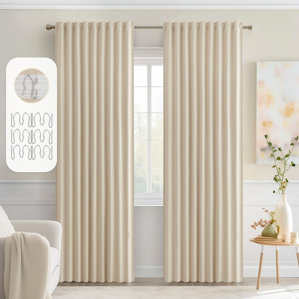 MIULEE 2 Panels Back Tab Blackout Curtains 96 Inch Long for Living Room Bedroom, Black Rod Pocket/Pinch Pleated Thermal Insulated Room Darkening Light Blocking Floor to Ceiling Curtains/Drapes  MIULEE Cream Beige W52" X L90" 