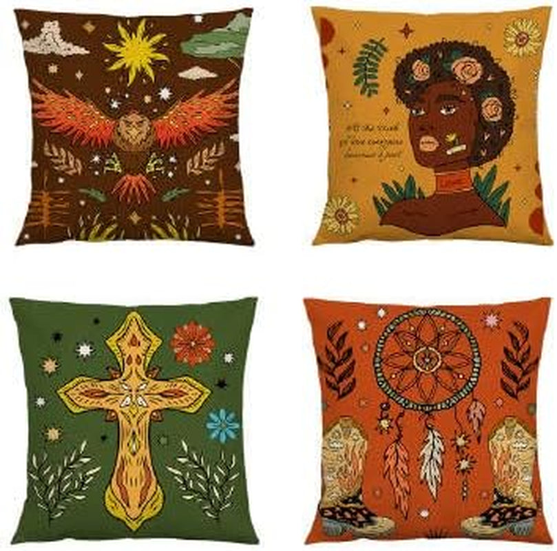 African Woman Throw Pillow Covers 18X18 Set of 4, Traditional Tribal Motif Kente Head Wrap Gold Earrings Geometric Pillow Cushion Cases,Home Decor for Outdoor Sofa Bedroom Car Black