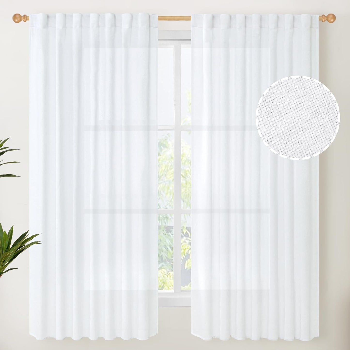Youngstex Natural Linen Curtains 72 Inch Length 2 Panels for Living Room Light Filtering Textured Window Drapes for Bedroom Dining Office Back Tab Rod Pocket, 52 X 72 Inch  YoungsTex White 60W X 63L 