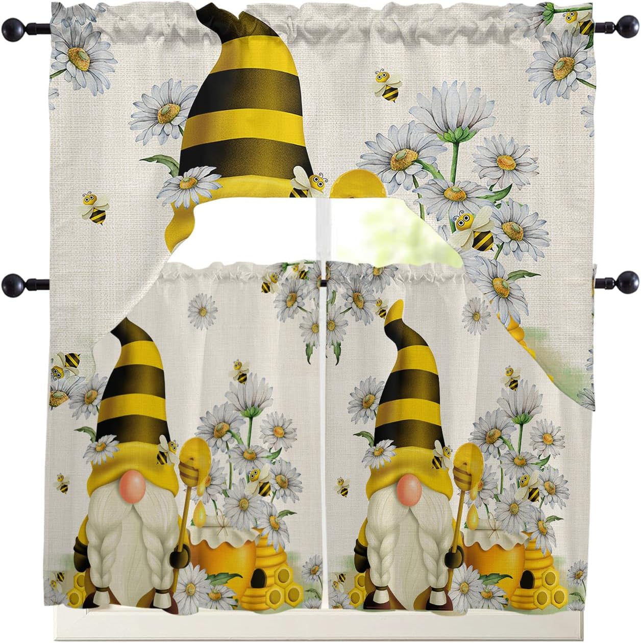 Cute Gnomes Honey Swag Kitchen Curtain Sets with Valance,3 Pieces Rod Pocket Curtain Drapes for Bedroom Bathroom Cafe Windows,Spring Honey Summer Bee Comb Daisy Floral 56''X36''&36''X27.5''X2Panels