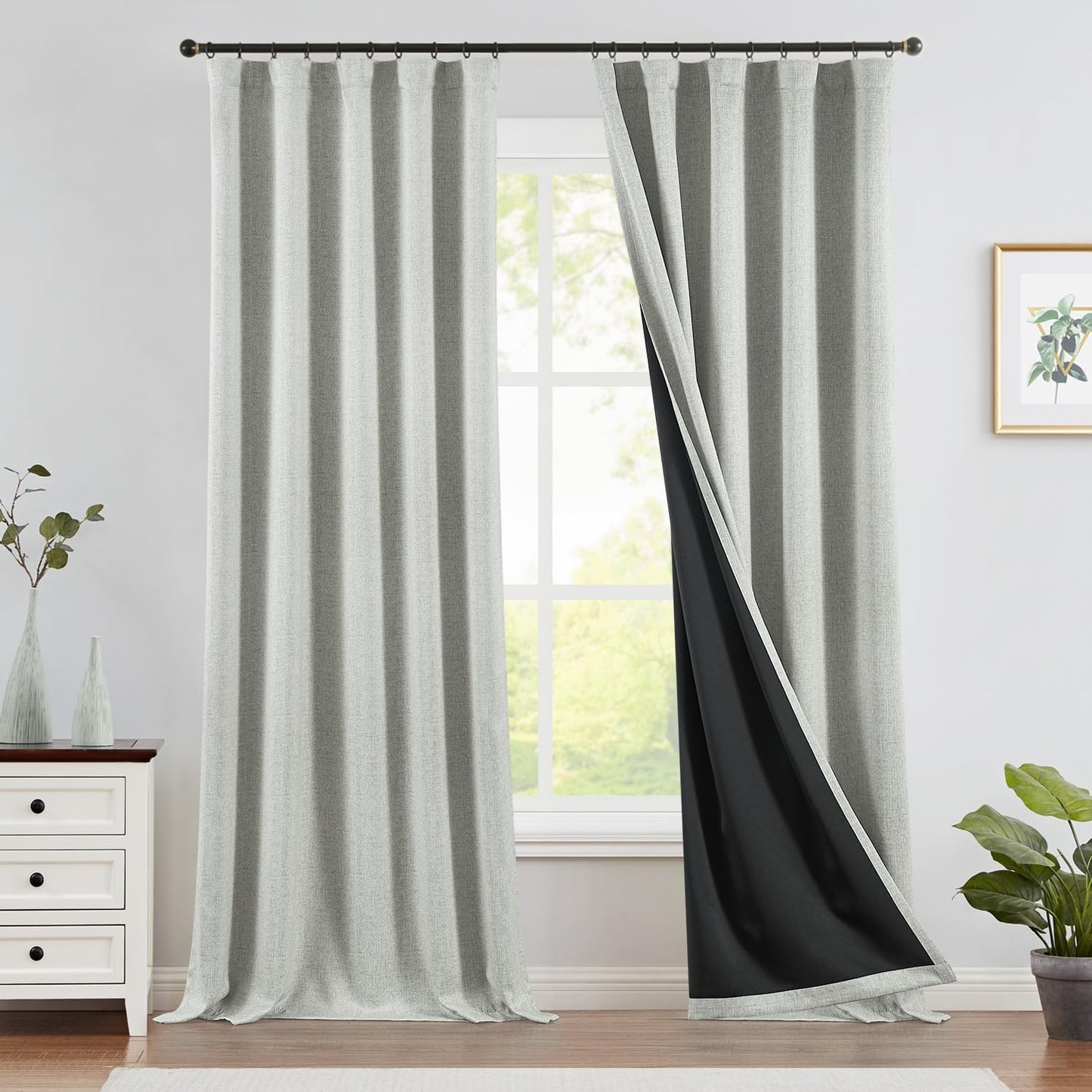 JINCHAN 100% Blackout Curtains for Bedroom, 90 Inch Length Linen Textured Drapes for Living Room, Thermal Insulated Full Light Blocking Curtains, Grommet Top Window Treatments 2 Panels Heathered White  CKNY HOME FASHION Smooth | Grey 96"L 