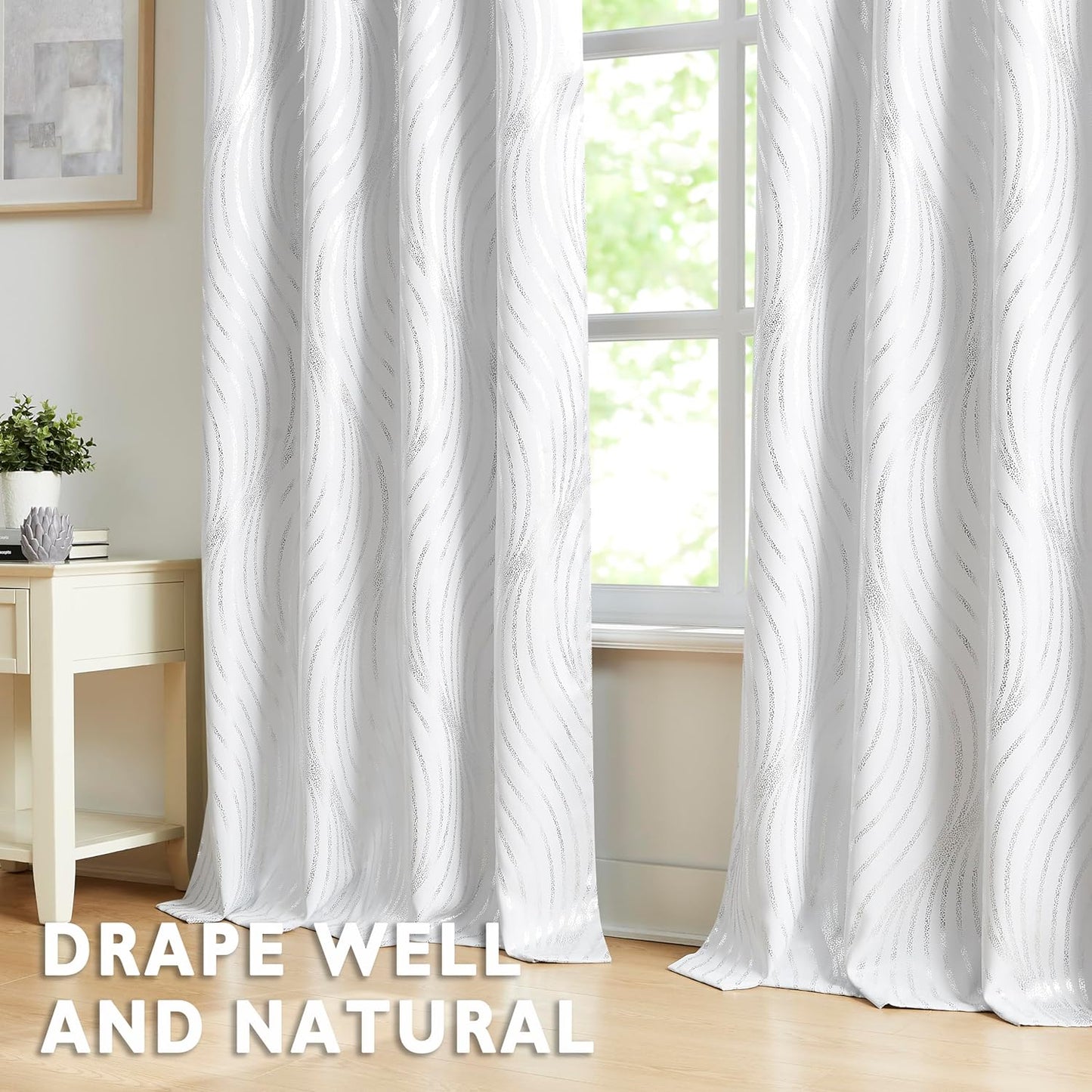 Xwincel Full Blackout Curtains with Silver Metallic Wave Print,84 Inches Long Thermal Insulated Sound Proof Window Treatments for Living Room Bedroom, Grommets Top Design,White,52W X 84L,2 Panel Sets  Xwincel   