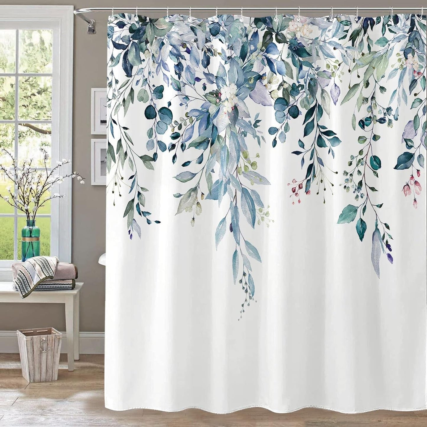 Eucalyptus Plant Rustic Shower Curtain, Watercolor Leaves on the Top Country Farm House Shower Curtain, Spring Botanical Bathroom Curtain 72 ×72 Inch