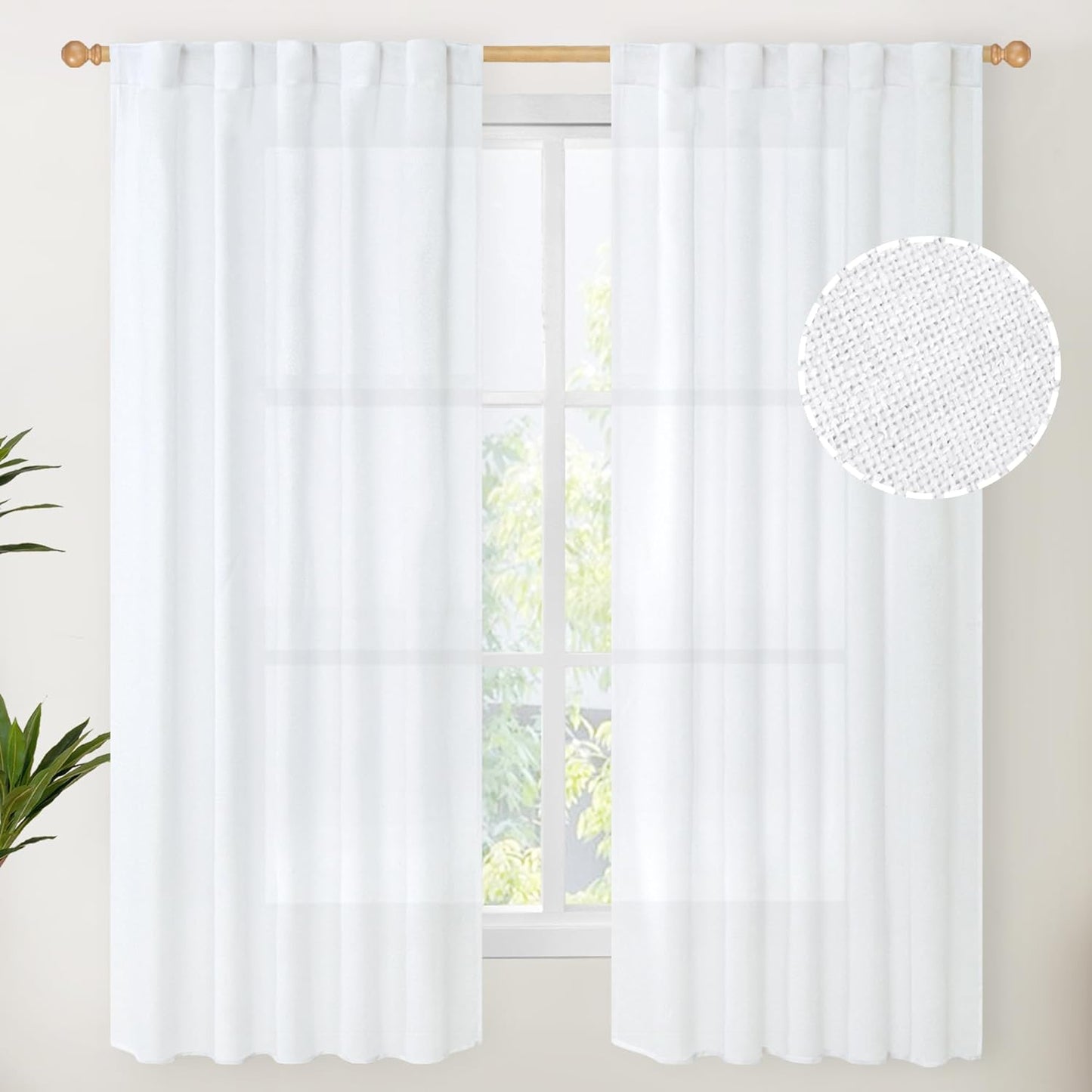 Youngstex Natural Linen Curtains 72 Inch Length 2 Panels for Living Room Light Filtering Textured Window Drapes for Bedroom Dining Office Back Tab Rod Pocket, 52 X 72 Inch  YoungsTex White 38W X 63L 