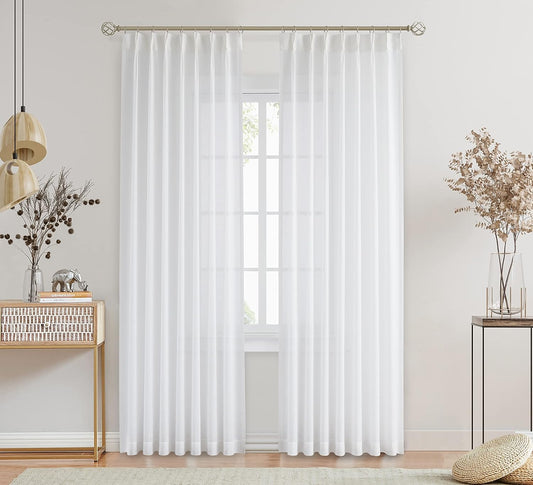 Central Park White Pinch Pleat Sheer Curtain 108 Inches Extra Long Textured Farmhouse Window Treatment Drapery Sets for Living Room Bedroom, 40"X108"X2  Central Park White/Pinch 40"X120"X2 