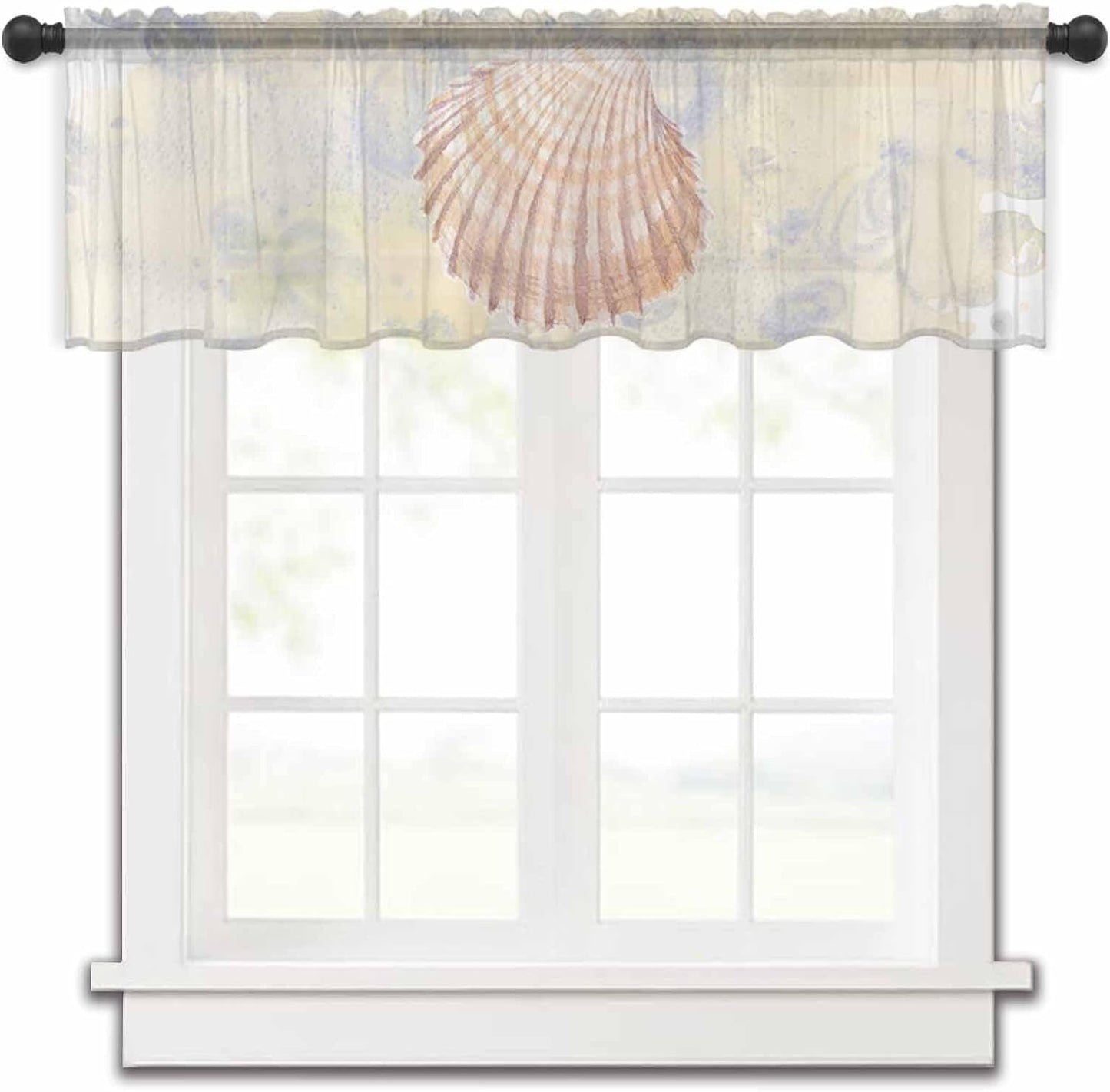 Watercolor Shell Valance Curtains for Kitchen/Living Room/Bathroom/Bedroom Window,Rod Pocket Topper Half Short Window Curtains Voile Sheer Scarf,Ocean Sea Watercolor Summer Beach Nautical 54"X18"