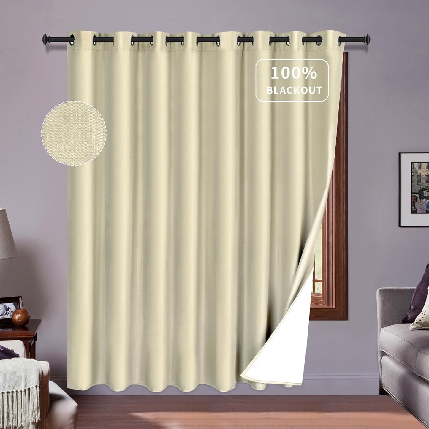 Purefit White Linen Blackout Curtains 84 Inches Long 100% Room Darkening Thermal Insulated Window Curtain Drapes for Bedroom Living Room Nursery with Anti-Rust Grommets & Energy Saving Liner, 2 Panels  PureFit Beige 100"W X 84"L 
