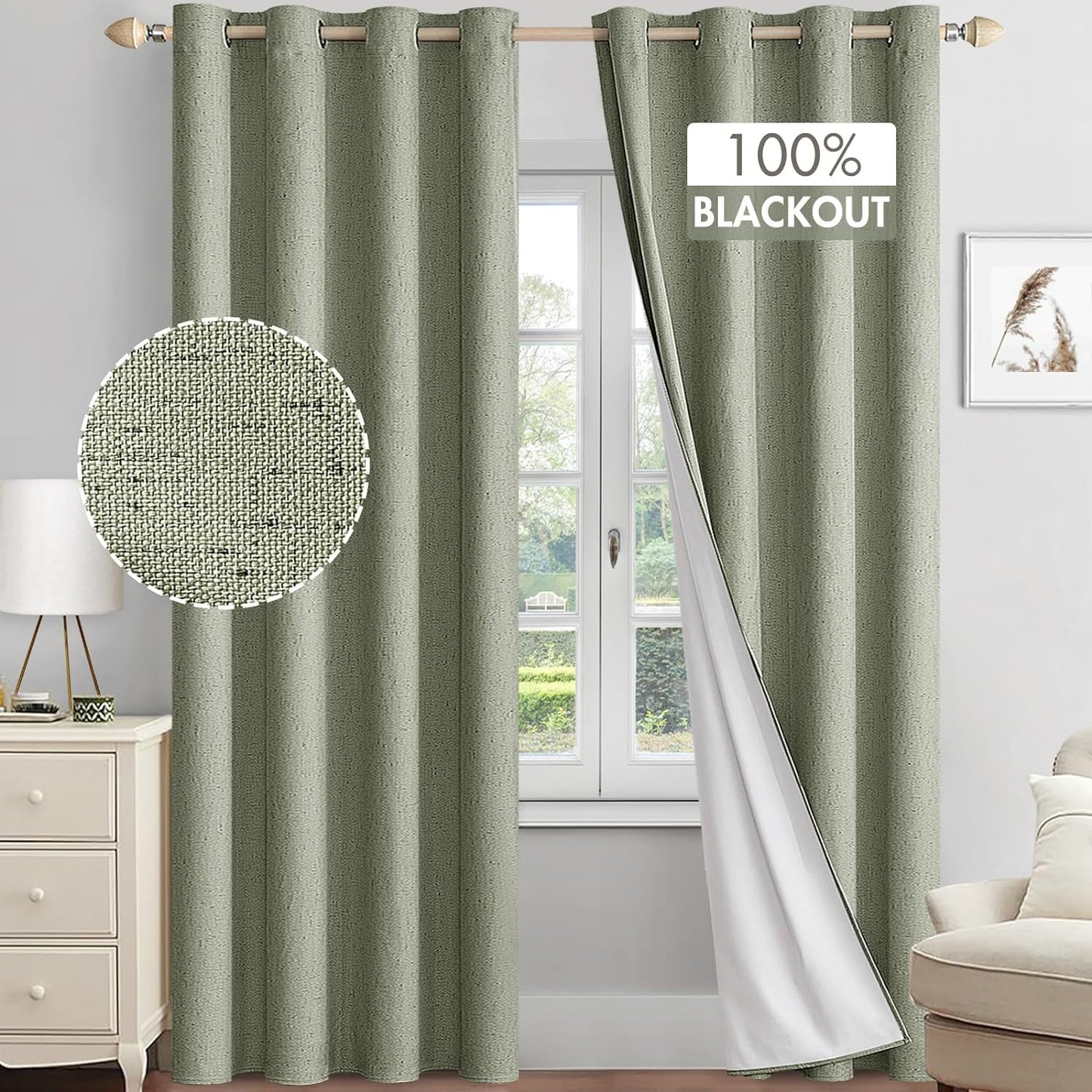 MIULEE Linen Textured 100% Blackout Curtains for Bedroom 84 Inches Long Natural Beige Thermal Insulated Black Out Curtains/Draperies with White Liner for Living Room/Nursery, Grommet Top, 2 Panels  MIULEE Sage Green W52Xl90 