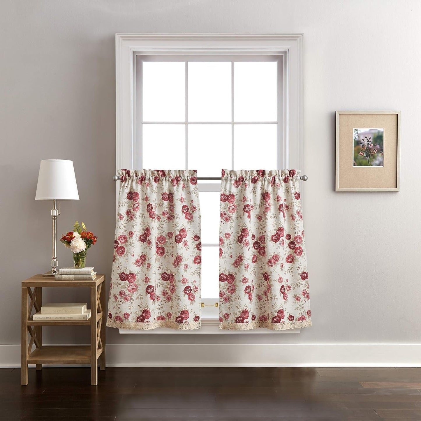 CHF Floral Print Antique Rose Window Kitchen Curtain Valance, Rod Pocket, 54W X 24L Inch, Red (Red, 14-Inch Valance)