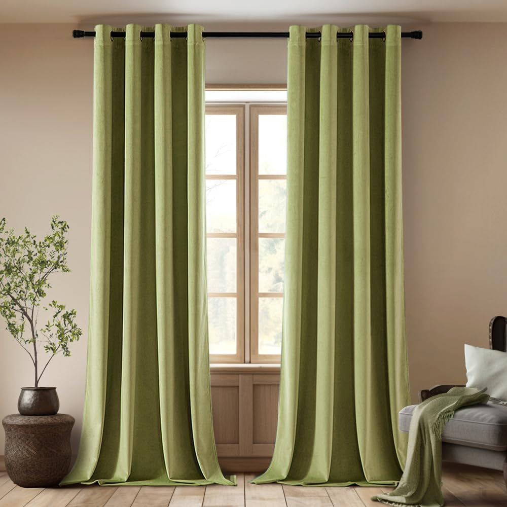 EMEMA Olive Green Velvet Curtains 84 Inch Length 2 Panels Set, Room Darkening Luxury Curtains, Grommet Thermal Insulated Drapes, Window Curtains for Living Room, W52 X L84, Olive Green  EMEMA Velvet/ Sage Green W52" X L96" 