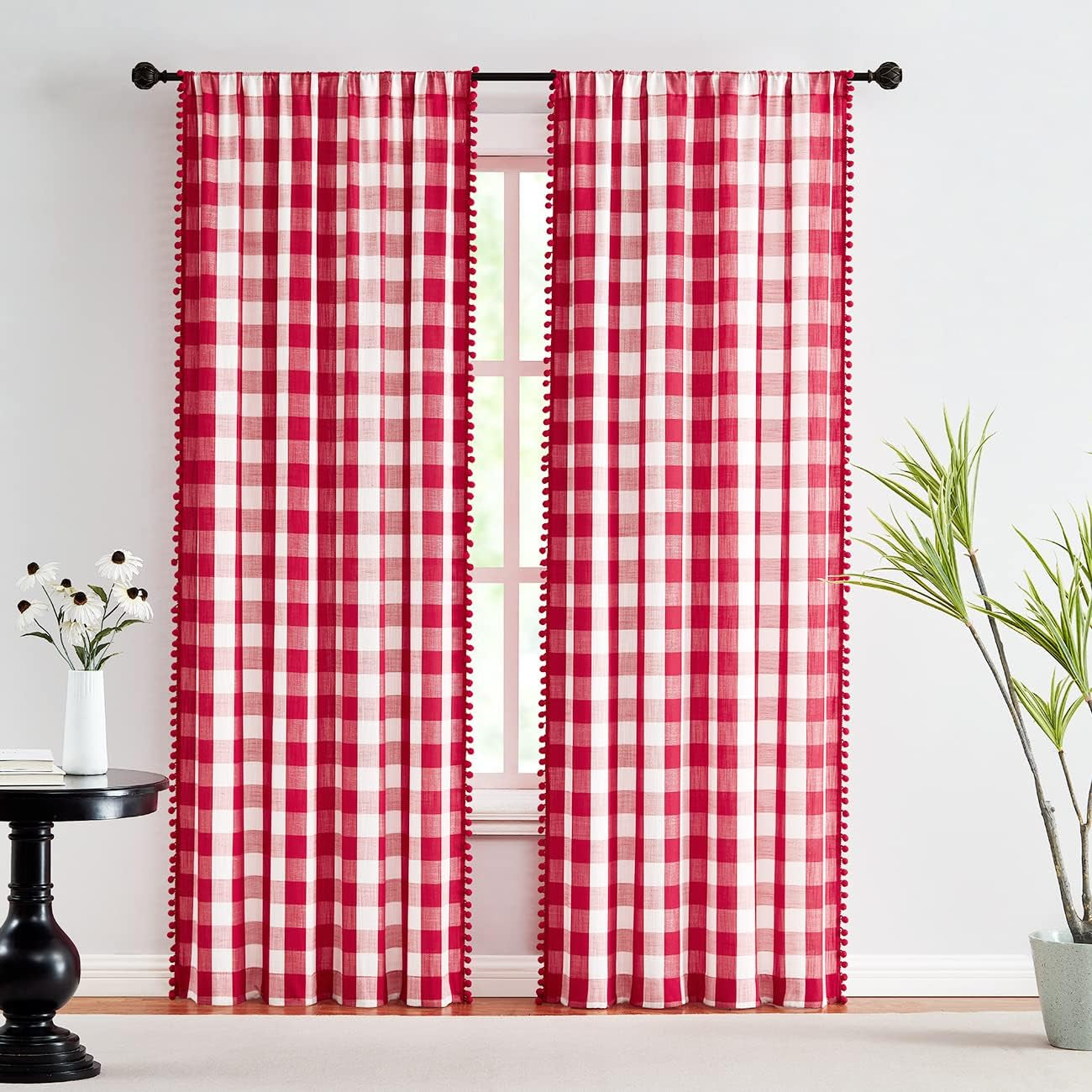 Treatmentex Buffalo Check Curtains 84Inch Farmhouse Pom Pom Drapes for Living Room Vintage Gingham Plaid Semi Sheer Tan Window Curtains for Bedroom Kitchen 2 Panels Rod Pocket Taupe and White  Natural Decoratex Red And White 40"W X 63"L 2Pcs 