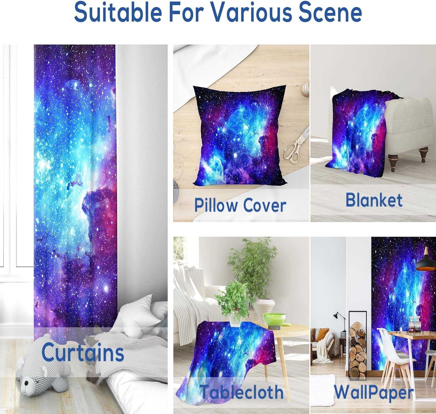 Riyidecor Galaxy Outer Space Nebula Curtains (2 Panels 42 X 63 Inch) Blue Rod Pocket Universe Planets Boys Fantasy Starry Black Art Printed Living Room Bedroom Window Drapes Treatment Fabric WW-CLLE  Pan na   