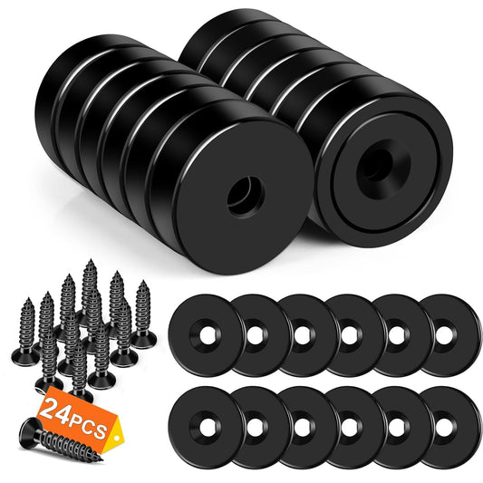 DIYMAG 12Pcs Neodymium round Base Cup Magnet, 40LBS Strong Rare Earth Magnets with Heavy Duty Countersunk Hole and Stainless Screws for Refrigerator Magnets Office Craft 0.79 X 0.2 Inch (Black)