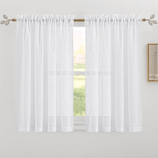 RYB HOME Short White Linen Curtains 45 Inches Long, Cortinas Para Cuarto Semi Sheer Curtains Rod Pocket Bedroom Kitchen Bathroom Window, White, W 52 X L 45, Set of 2  RYB HOME   