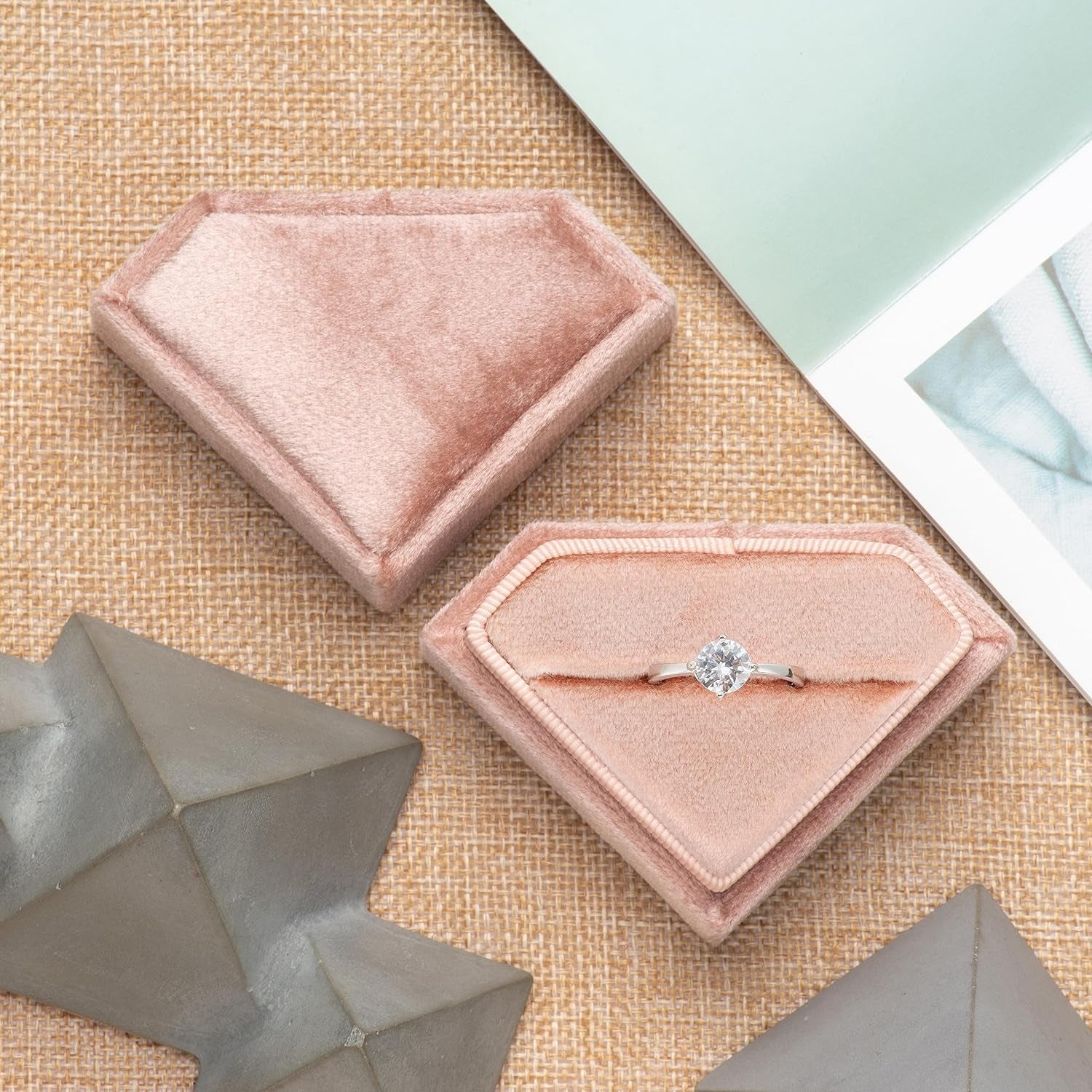 Diamond Shaped Velvet Single Ring Box for Engagement Proposal Wedding,Jewelry Ring Gift Box Jewelry Packaging Box (Blush Peach)