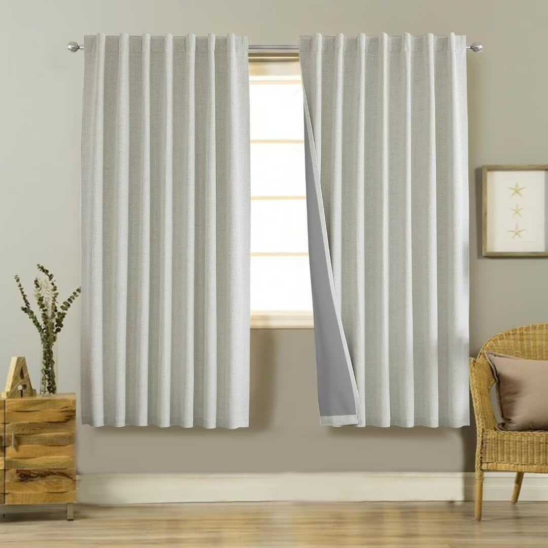 Joydeco Blackout Linen Curtains 96 Inches Long 100% Blackout Drapes 95 Inch Length 2 Panels Set for Bedroom Living Room Darkening Curtain Thermal Insulated Backtab Rodpocket(52X96Inch Linen)  Joydeco Light Beige 52W X 72L Inch X 2 Panels 