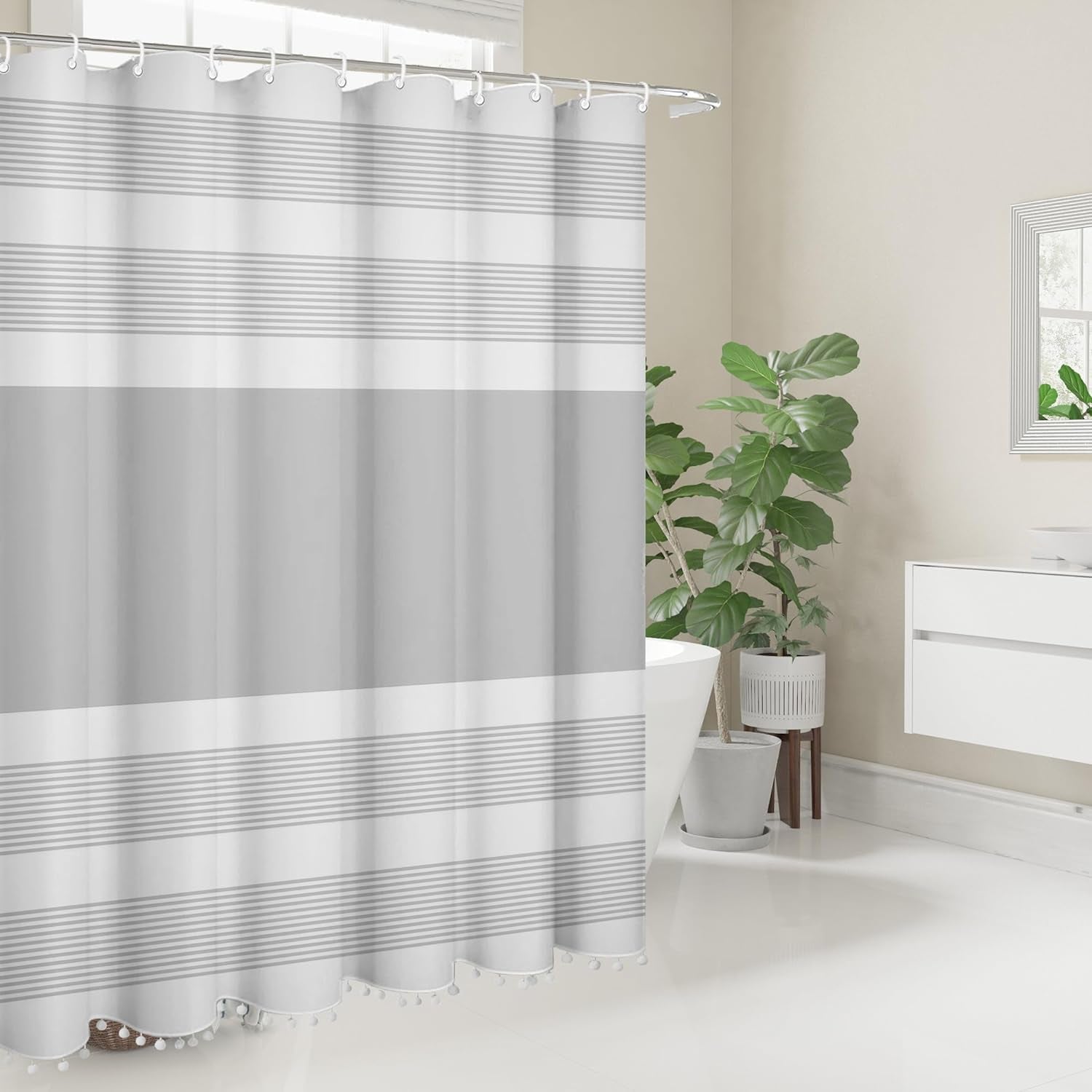 72"X72" Luxury Fabric Farmhouse Grey Shower Curtain Gray with Pompom Linen Boho Modern Classics Striped Curtains for Bathroom