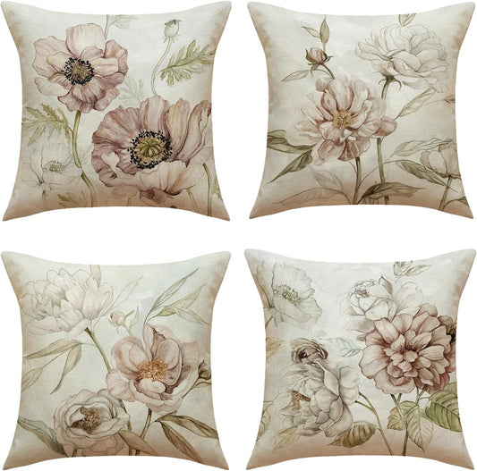 WOMHOPE Throw Pillow Covers Vintage Floral Flowery Shells Burlap Toss Decorative Cushion Cases 18 X 18 Inch for Couch Bed Sofa Chair Set of 4 (Grayish Pink)