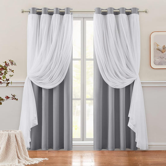 HOMEIDEAS Double Layer Curtains Light Grey Blackout Curtains 84 Inch Length 2 Panels Nursery Curtains for Girls Kids Bedroom Grommet Blackout Curtains with Sheer Overlay  HOMEIDEAS Light Grey 52" X 84" 