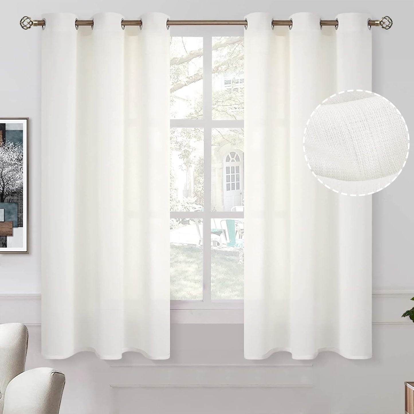 Bgment Natural Linen Look Semi Sheer Curtains for Bedroom, 52 X 54 Inch White Grommet Light Filtering Casual Textured Privacy Curtains for Bay Window, 2 Panels  BGment Ivory Cream 42W X 45L 