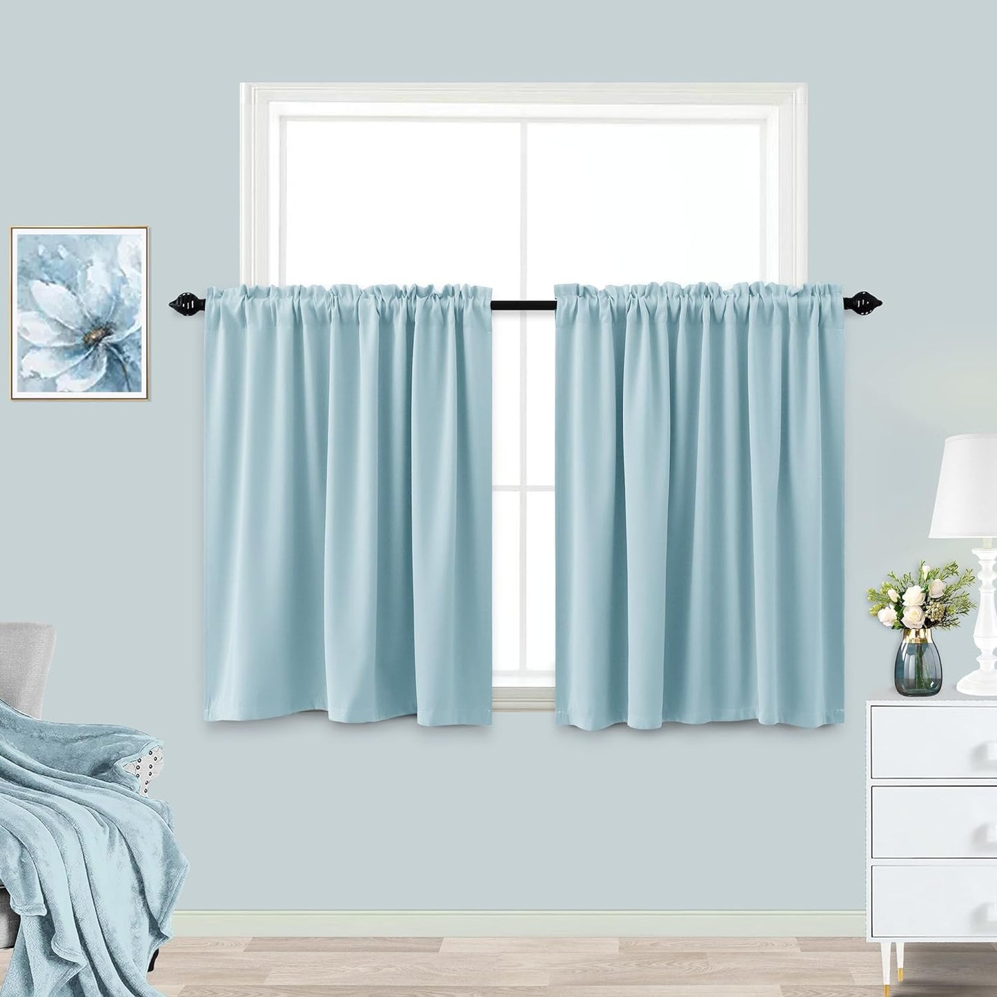 KOUFALL Sage Green Curtains 24 Inch Length for Bathroom Window 2 Pack Rod Pocket Room Darkening Cafe Curtain Tiers Blackout Light Green Short Curtains for Small Windows 34 by 24 in Long  KOUFALL TEXTILE Light Blue 34X30 