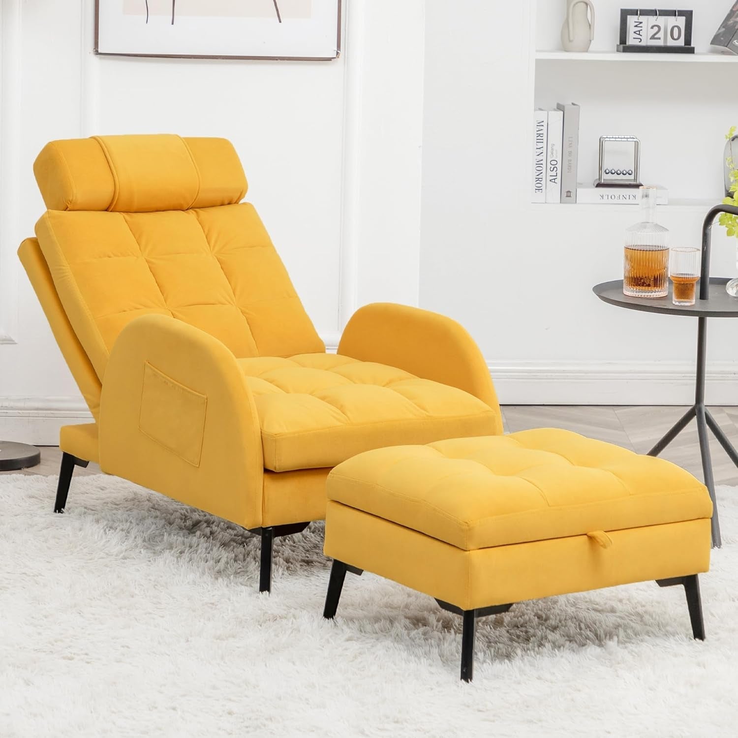 Accent Chair with Ottoman - Orange Reclining Reading Chair and Storage Ottoman Set Velvet Comfy Lounge Arm Chair with Adjustable Backrest Cozy Sofa for Living Room Bedroom