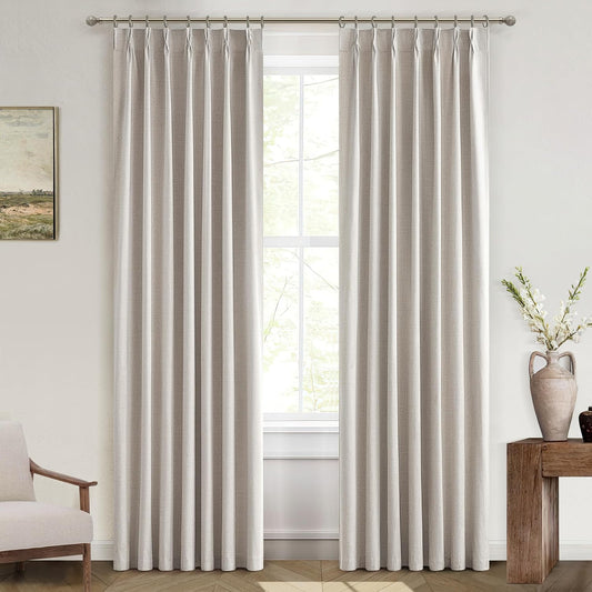 Natural Linen Pinch Pleated Blackout Curtains & Drapes 96 Inch Long Bedroom/Livingroom Farmhouse Curtains 2 Panel Sets, Neutral Track Room Darkening Thermal Insulated 8Ft Back Tab Window Curtain  QJmydeco Natural Linen 40"W X 90"L X 2 Panels 