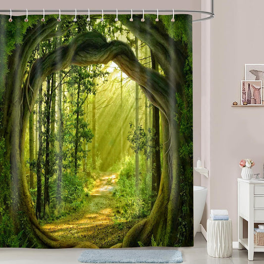 Enchanted Forest Shower Curtain, Green Tree Nature Shower Curtains for Bathroom Decor Outdoor Scenery Spring Scenic Landscape Bath Curtain, Waterproof Polyester Fabric with Hooks, 72X72In