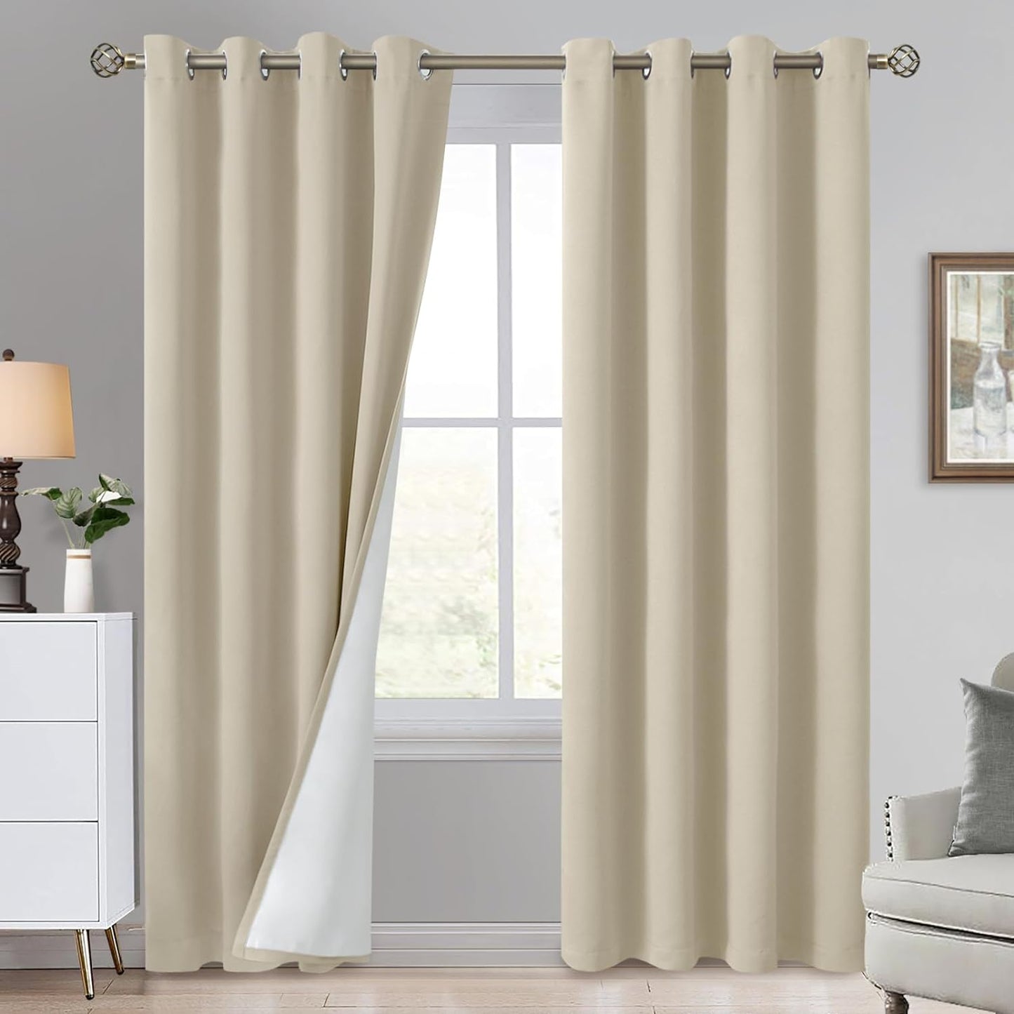 QUEMAS Short Blackout Curtains 54 Inch Length 2 Panels, 100% Light Blocking Thermal Insulated Soundproof Grommet Small Window Curtains for Bedroom Basement with Black Liner, Each 42 Inch Wide, White  QUEMAS Beige + White Lining W52 X L95 