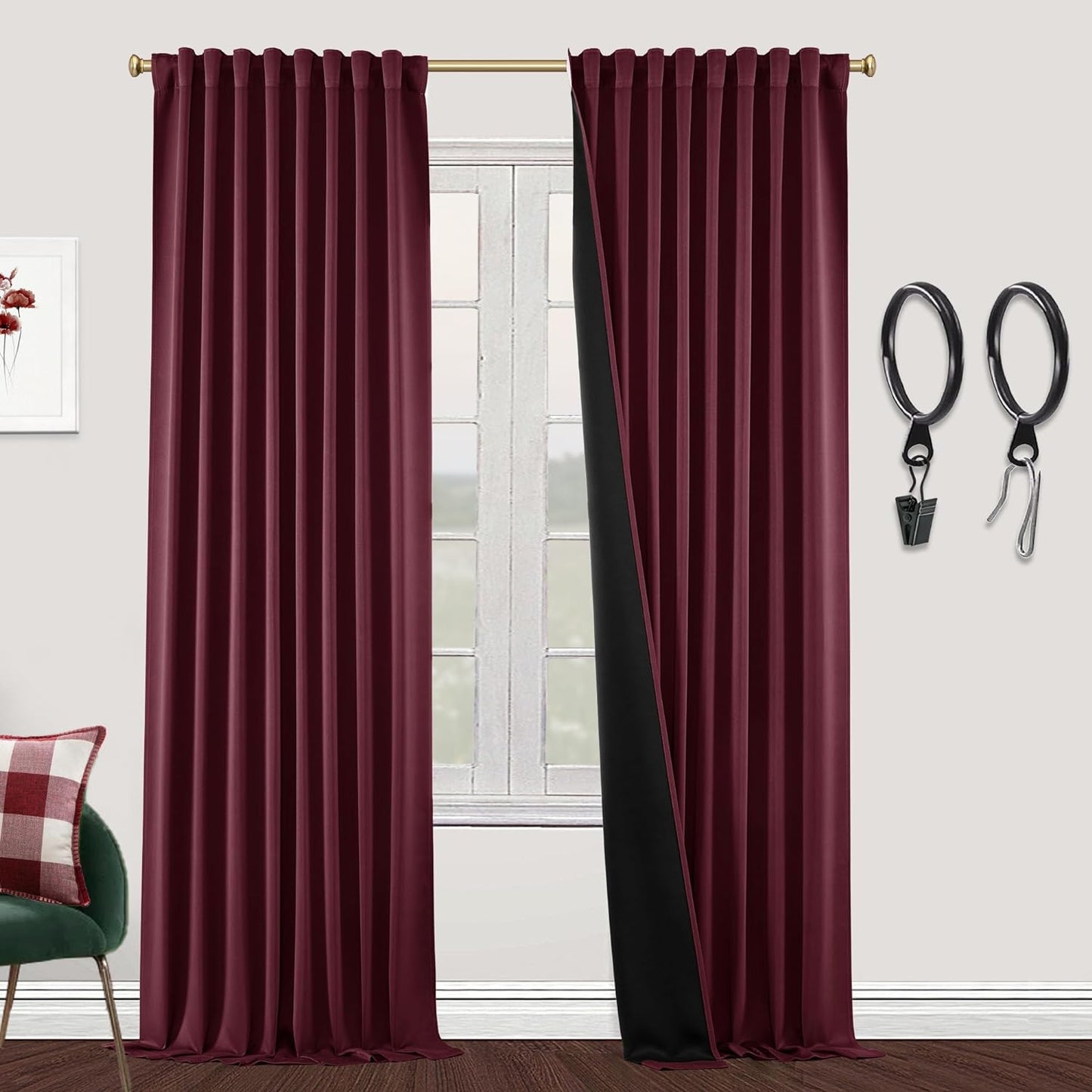 SHINELAND Beige Room Darkening Curtains 105 Inches Long for Living Room Bedroom,Cortinas Para Cuarto Bloqueador De Luz,Thermal Insulated Back Tab Pleat Blackout Curtains for Sunroom Patio Door Indoor  SHINELAND Burgundy Red 2X(52"Wx96"L) 