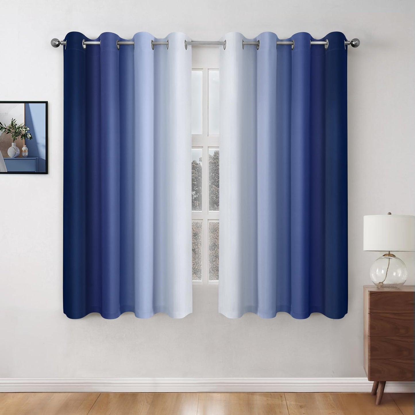 HOMEIDEAS Navy Blue Ombre Blackout Curtains 52 X 84 Inch Length Gradient Room Darkening Thermal Insulated Energy Saving Grommet 2 Panels Window Drapes for Living Room/Bedroom  HOMEIDEAS Navy Blue 1 52"W X 63"L 
