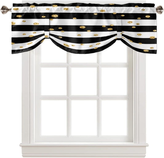 Christmas Tie up Valance Curtains for Kitchen Windows, White and Black Stripe Polka Dot Valance Rod Pocket Window Treatment Valances for Living Room Bathroom Bedroom, 54X18 Inches