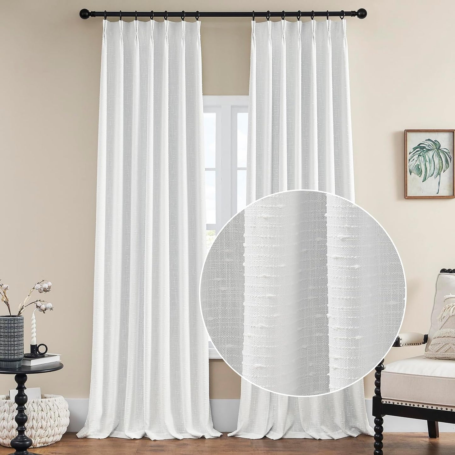 Maison Colette Pinch Pleat White Natural Linen Curtain 84 Inches Length for Bedroom,Back Tab Semi Sheer Window Treatment Drapes for Living Room,2 Panels,40" Width  Maison Colette Home White 40"W X 108"L With Liner 