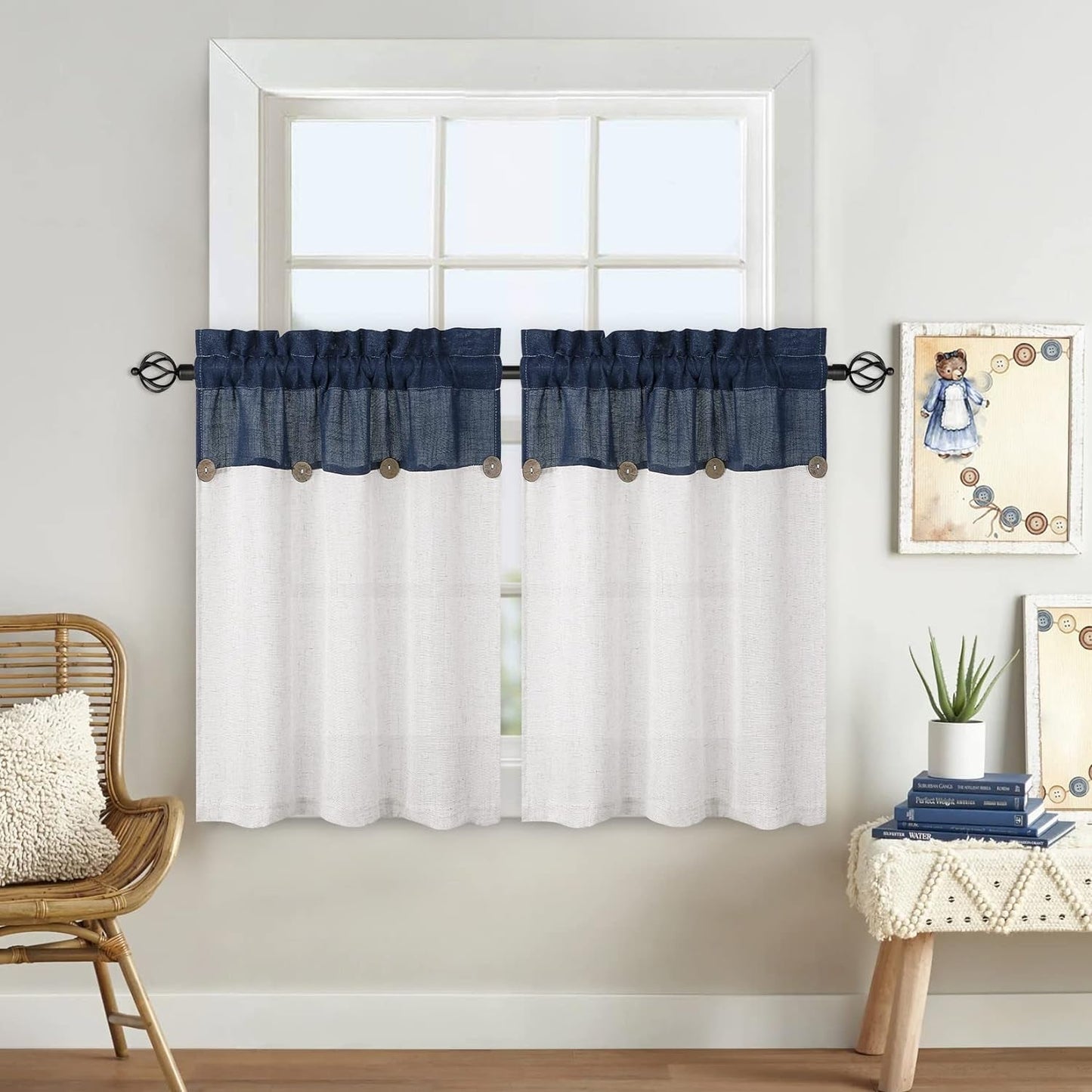 Curtains, Farmhouse Linen Blend Boho Button Curtains for Kitchen, 27X24 Inches, Navy/White, Set of 2, Rod Pocket