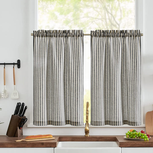 Jinchan Kitchen Curtains Striped Tier Curtains Ticking Stripe Linen Curtains Pinstripe Cafe Curtains 24 Inch Length for Living Room Bathroom Farmhouse Curtains Rod Pocket 2 Panels Black on Beige  CKNY HOME FASHION Rod Pocket Striped Black W26 X L45 