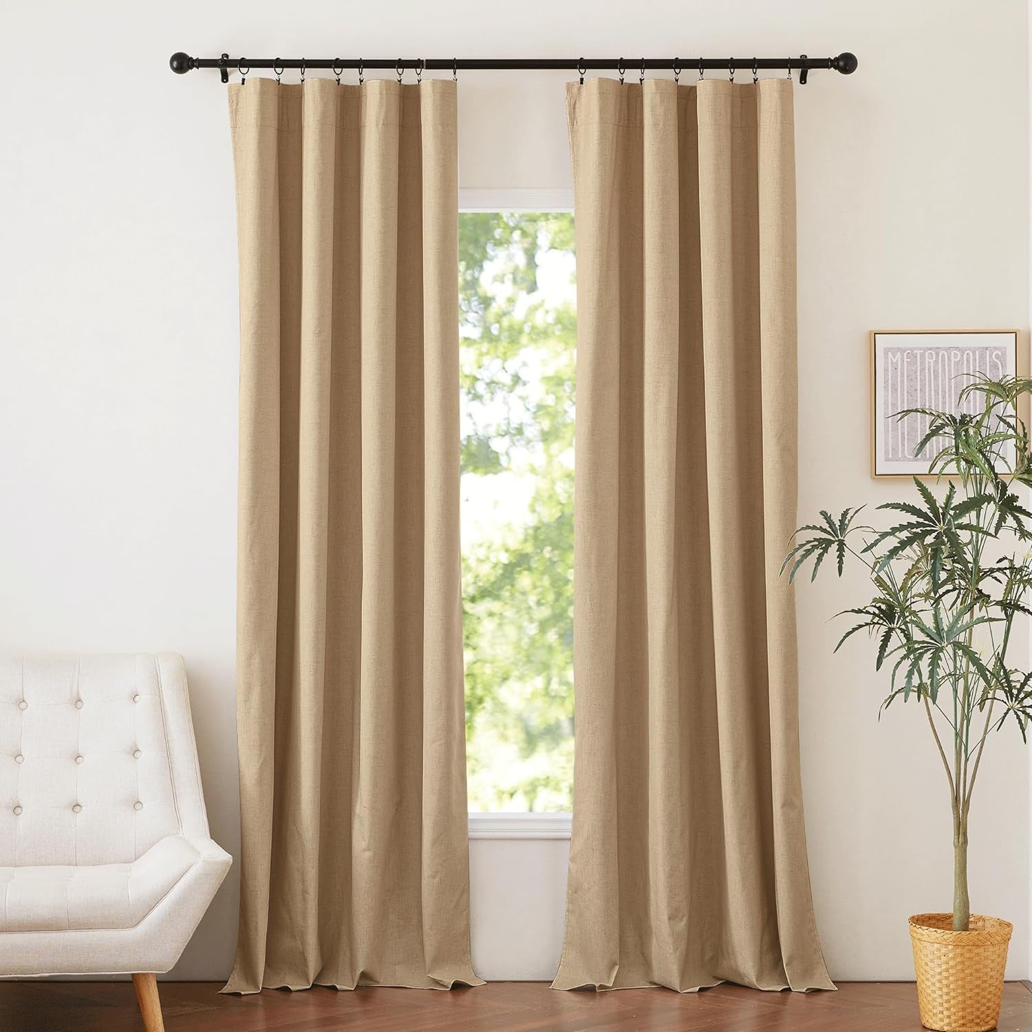 NICETOWN 100% Blackout Natural Linen Bedroom Curtains 52" Width by 95" Length 2 Panels with Thermal Insulated Liners, Farmhouse Style Keep Warm Dual Rod Pocket Window Draperies for Living Room  NICETOWN Camel W52 X L95 