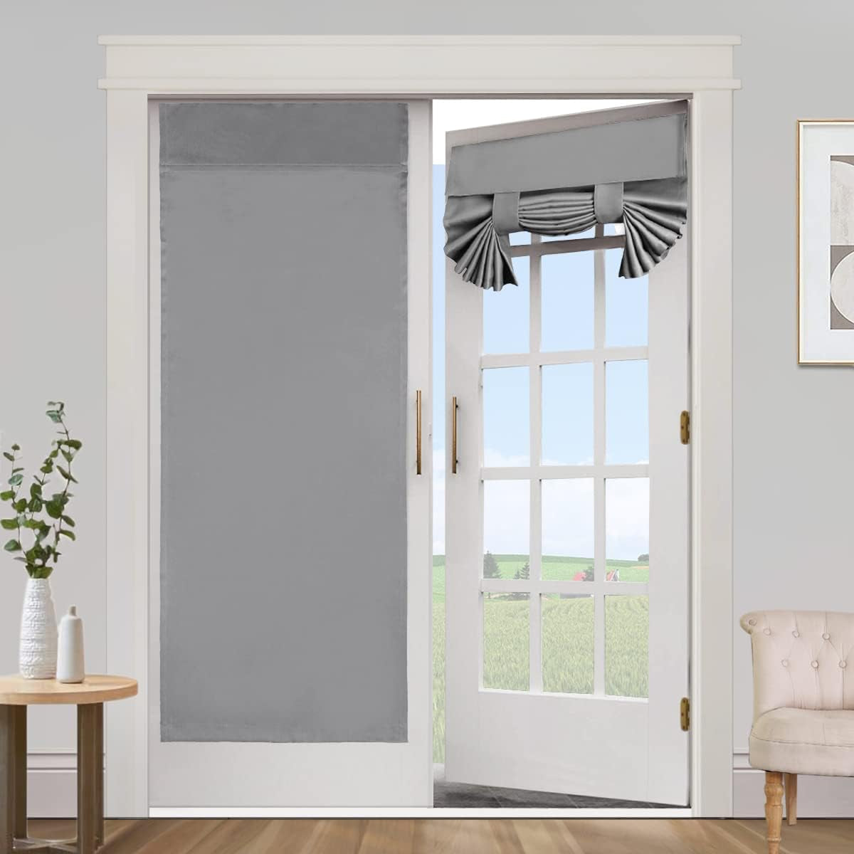 Blackout Curtains for French Doors - Thermal Insulated Tricia Door Window Curtain for Patio Door, Self Stick Tie up Shade Energy Efficient Double Door Blind, 26 X 68 Inches, 1 Panel, Sage  L.VICTEX Grey 2 