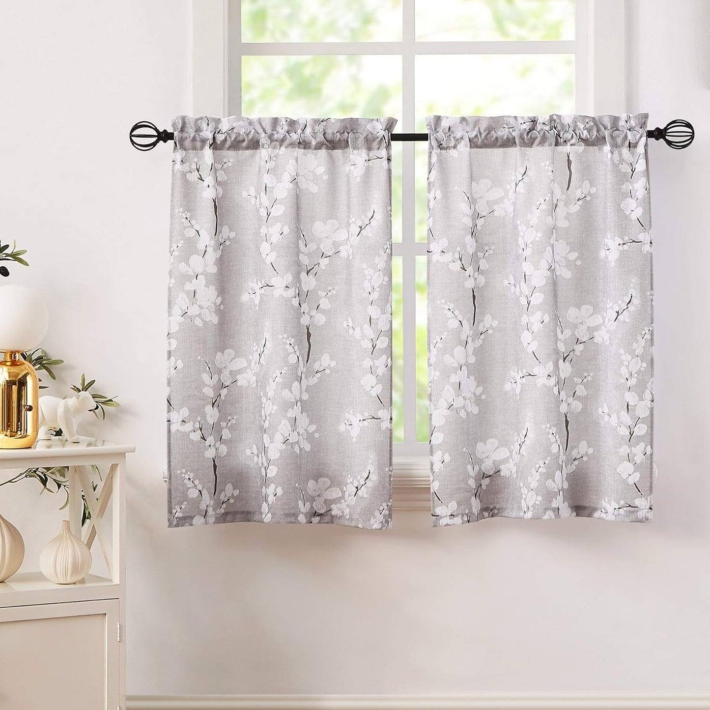 FMFUNCTEX Gray-White Bathroom Tier Curtains for Kitchen 36Inches Long Floral Printed Half Window Panels for Living Room Café Basement Rod Pocket 26”W/Panel, 2 Panels