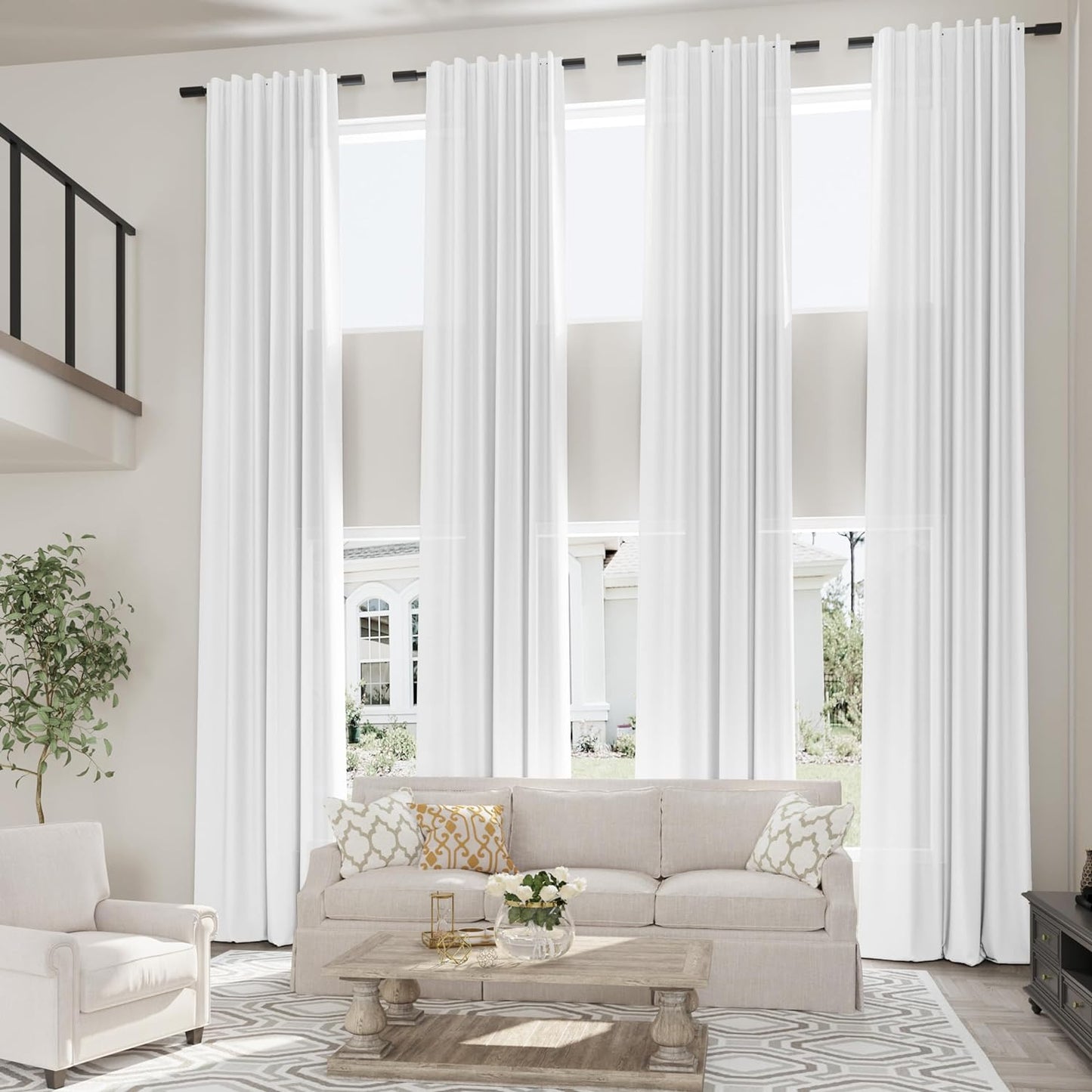 132 Inch Linen Curtains for High Ceiling Living Room Back Tab Hooks Pinch Pleat Custom Made Drape Semi Sheer Extra Long Curtain 132 Inches Long for 2 Story Windows Sliding Door Cream Ivory Birch  Aersas White W52Xl132 