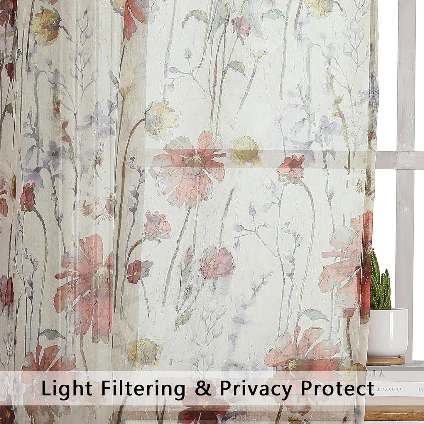 OWENIE Crushed Semi Sheer Curtains 72 Inches Length 2 Panels, Floral Pattern Design Rod Pocket Light Filtering Farmhouse Curtains for Bedroom Living Room, 2 Pieces Total 84 Inch Wide, 72 Inch Long  OWENIE   