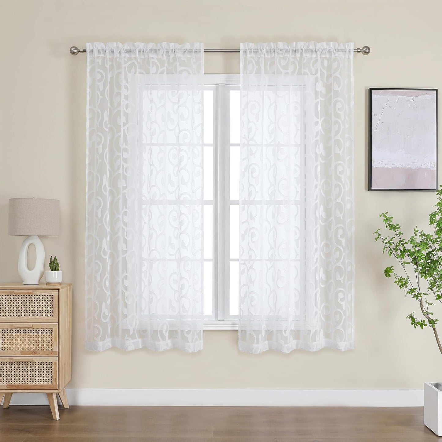 OWENIE Furman Sheer Curtains 84 Inches Long for Bedroom Living Room 2 Panels Set, Light Filtering Window Curtains, Semi Transparent Voile Top Dual Rod Pocket, Grey, 40Wx84L Inch, Total 84 Inches Width  OWENIE White 40W X 63L 